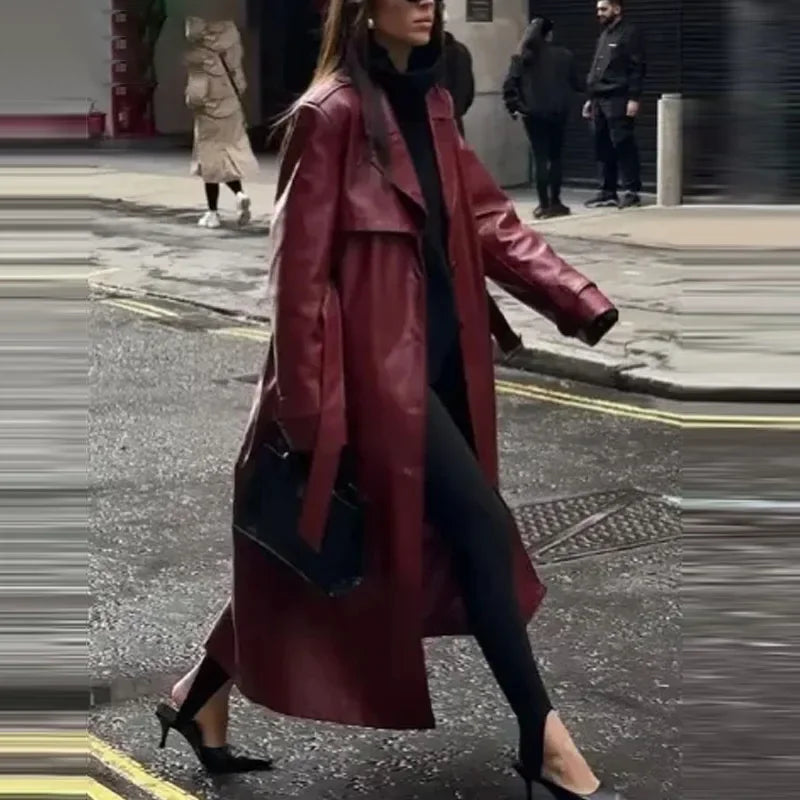 Burgundy Retro  Leather Coat