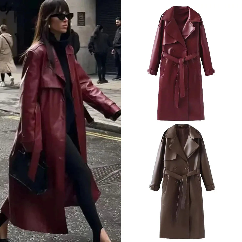Burgundy Retro  Leather Coat