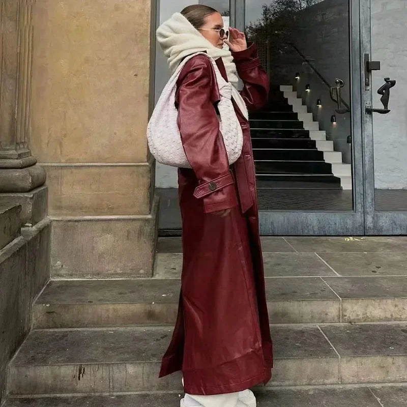 Burgundy Retro  Leather Coat